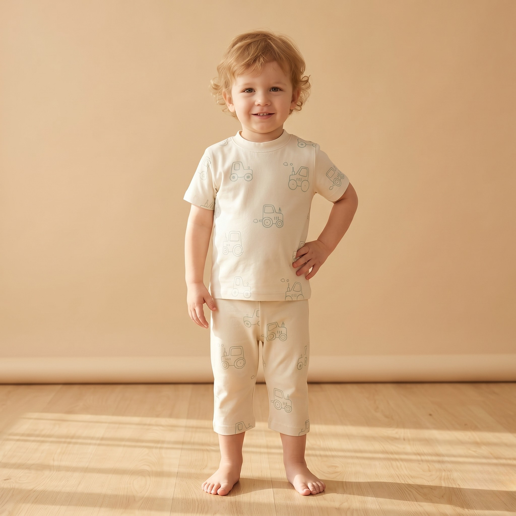 Kids Bermuda Set Truck Drawing Cream