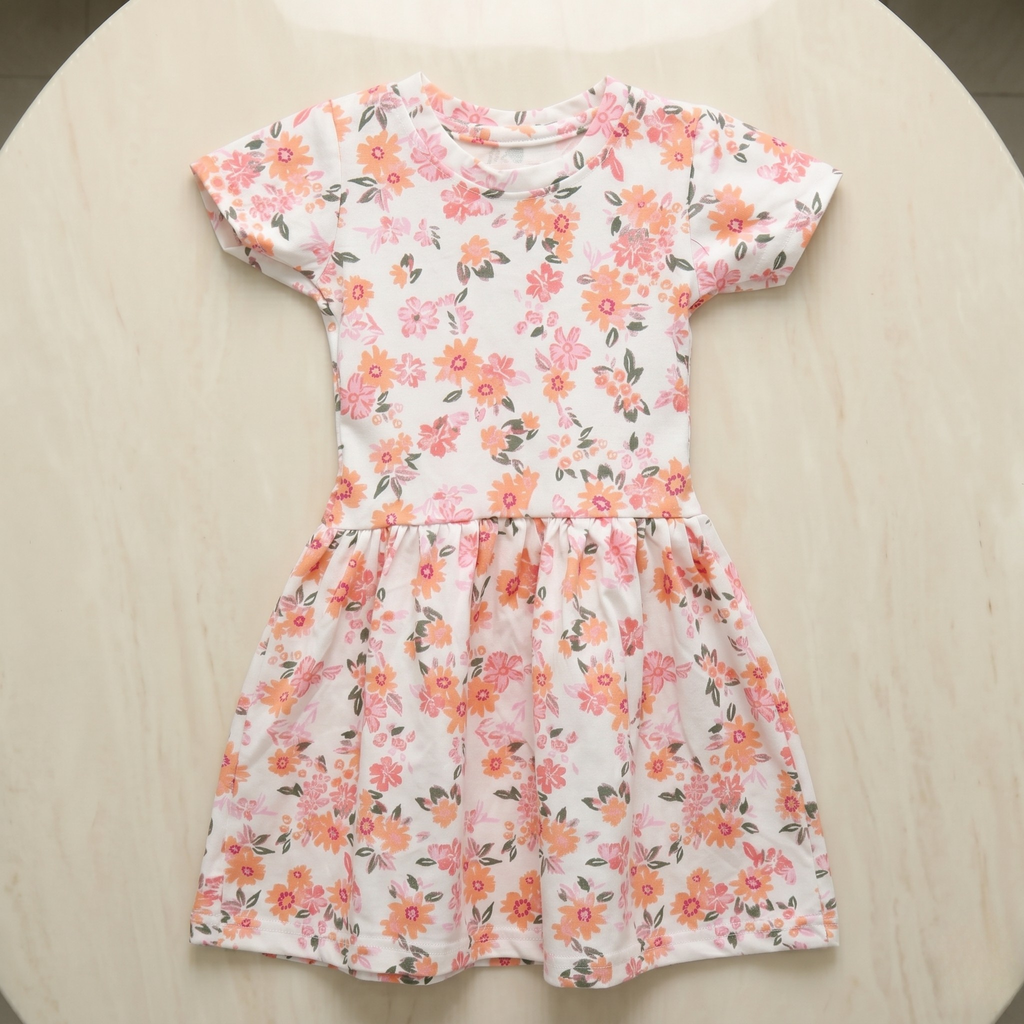 Girls Frock Orange White Flowers