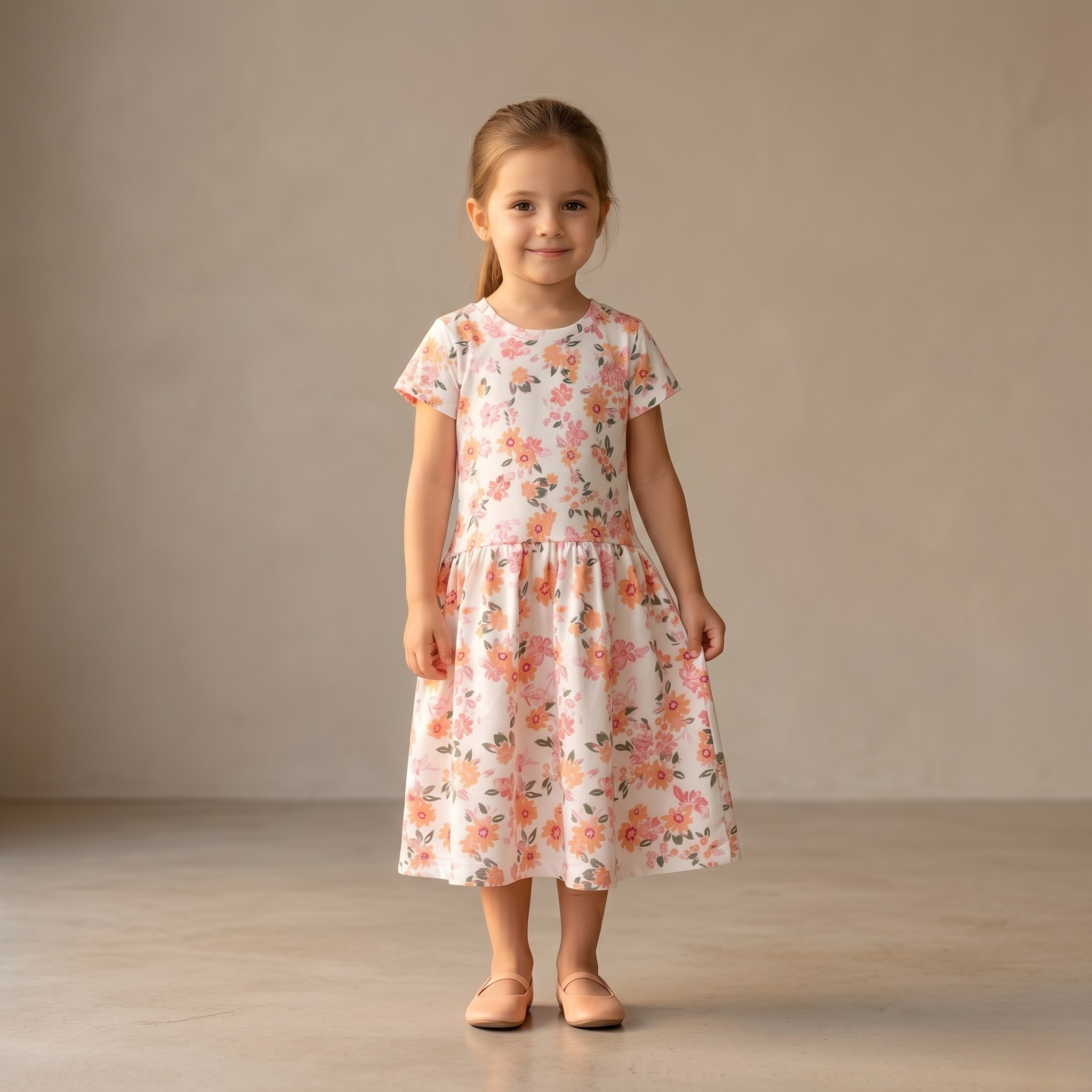 Girls Frock Orange White Flowers