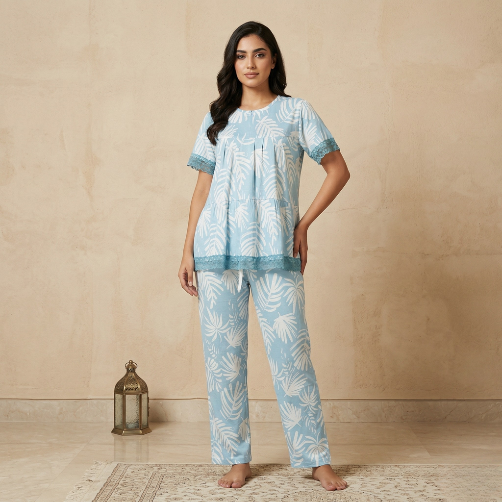 طقم بيجامة نسائية قطنية بأكمام طويلة LS-82/39