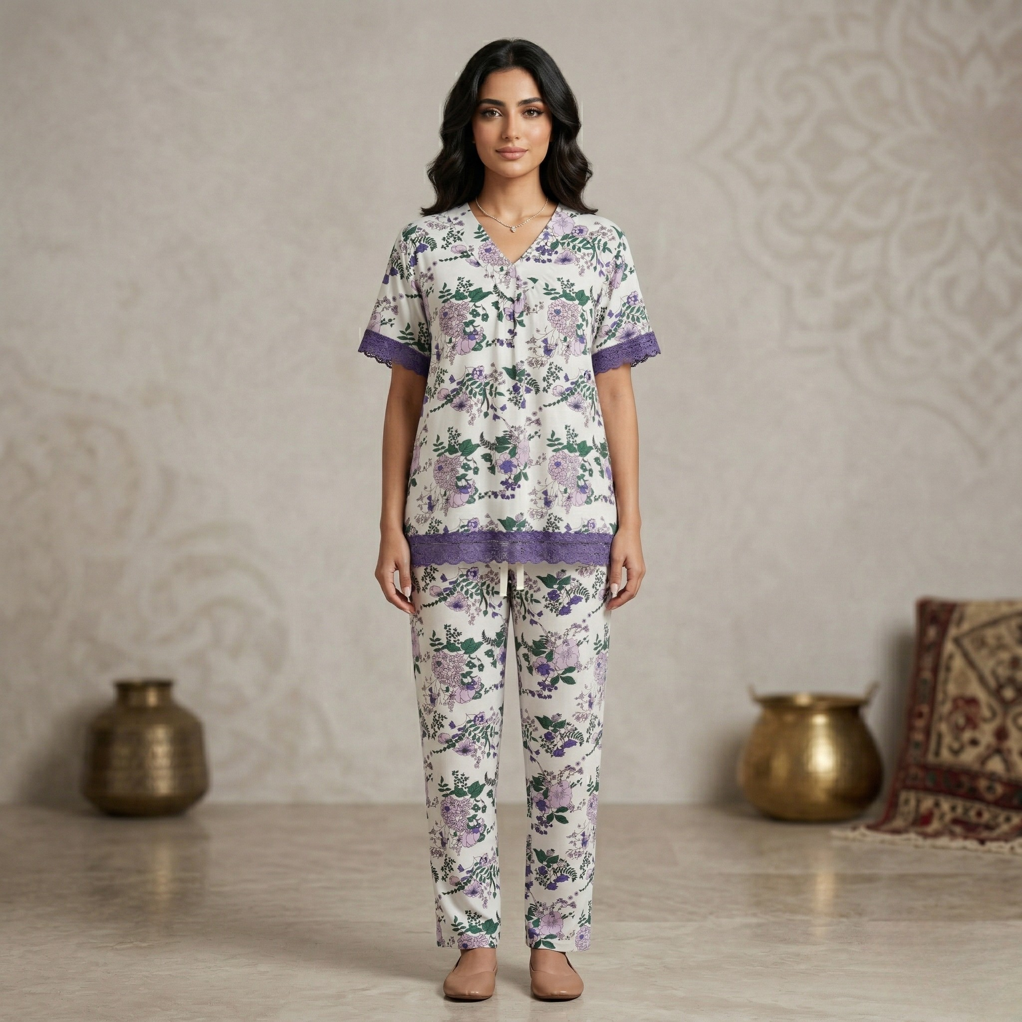 طقم بيجامة نسائي قطني بأكمام طويلة LS-112/34