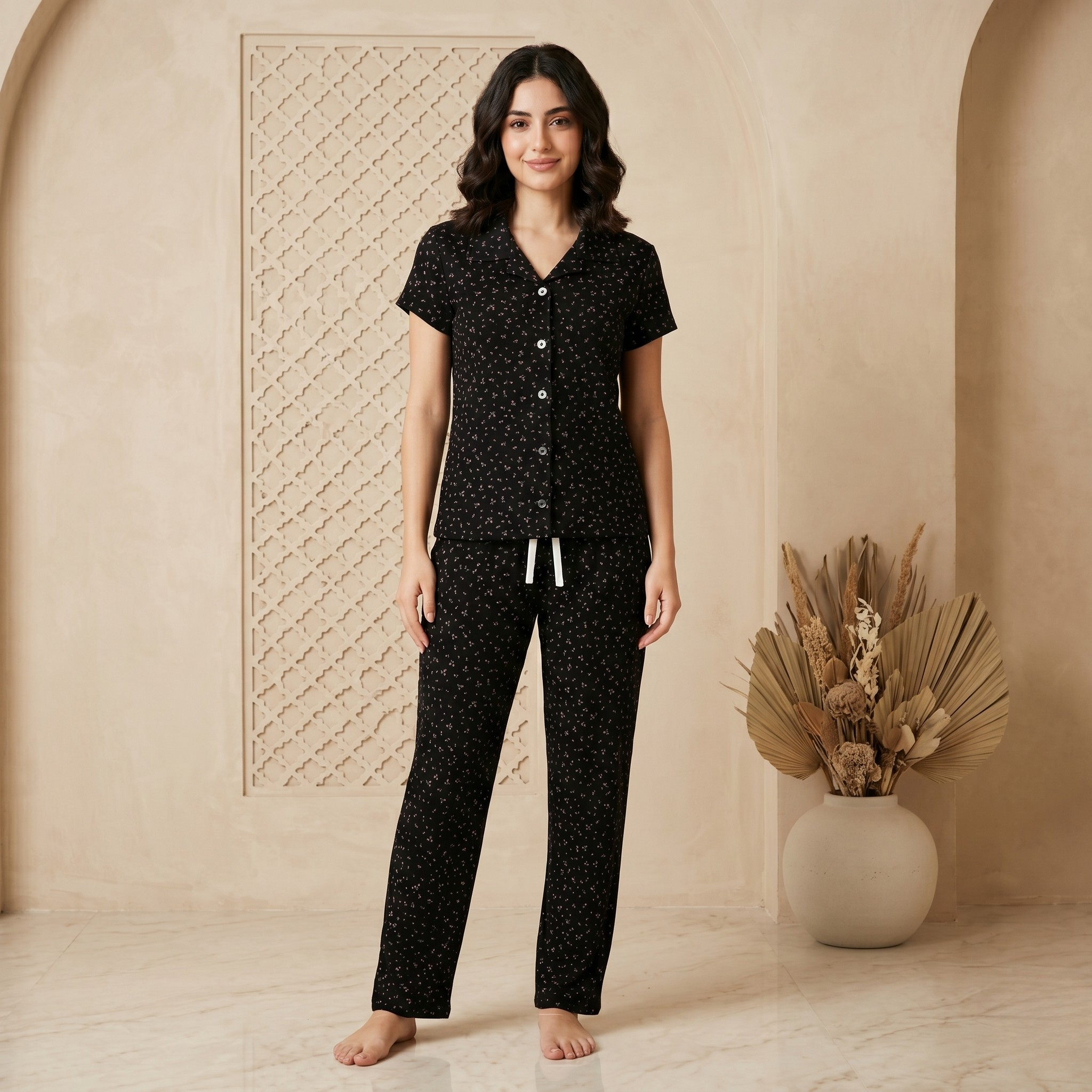 Pink Flowers Black Womens Pajamas
