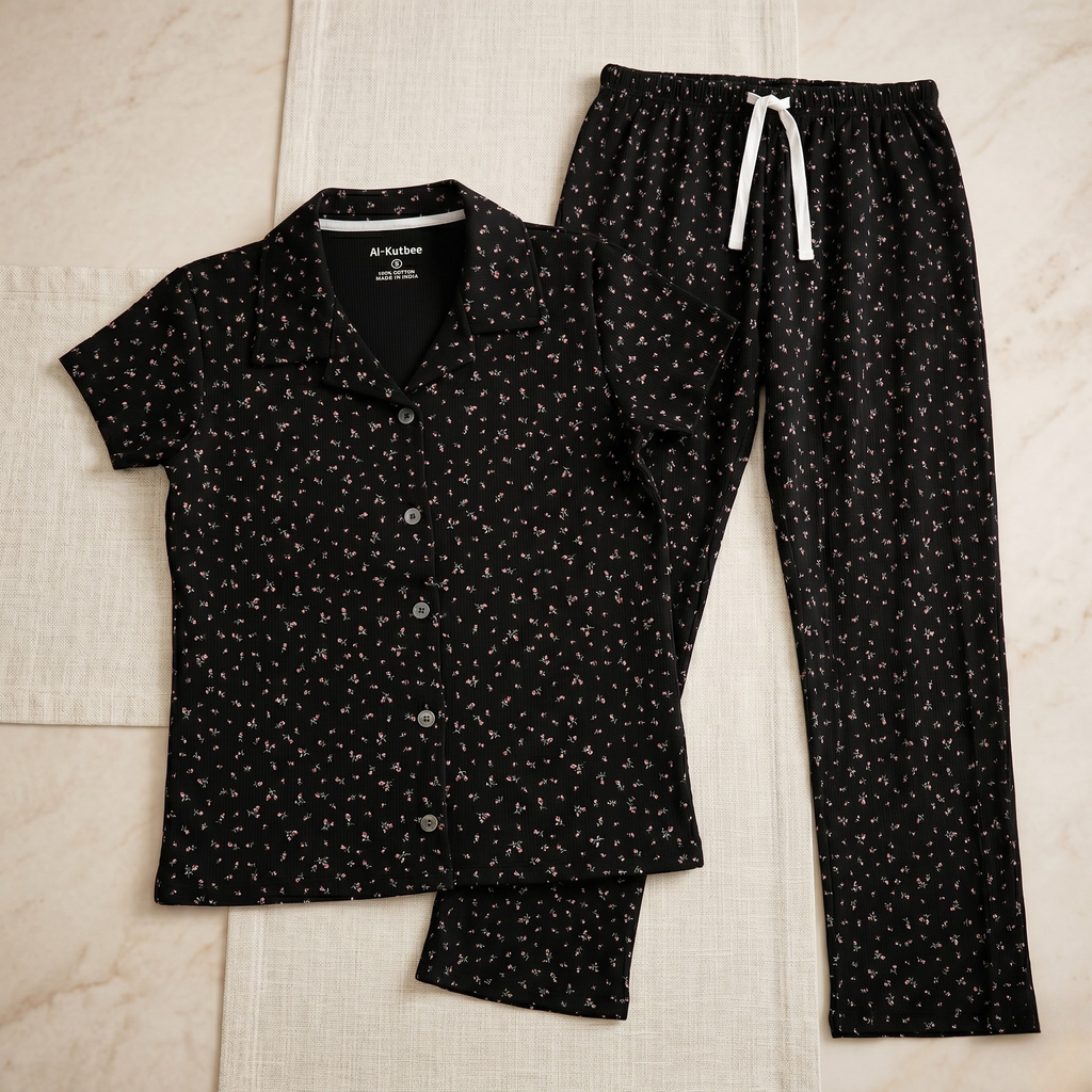 Pink Flowers Black Womens Pajamas