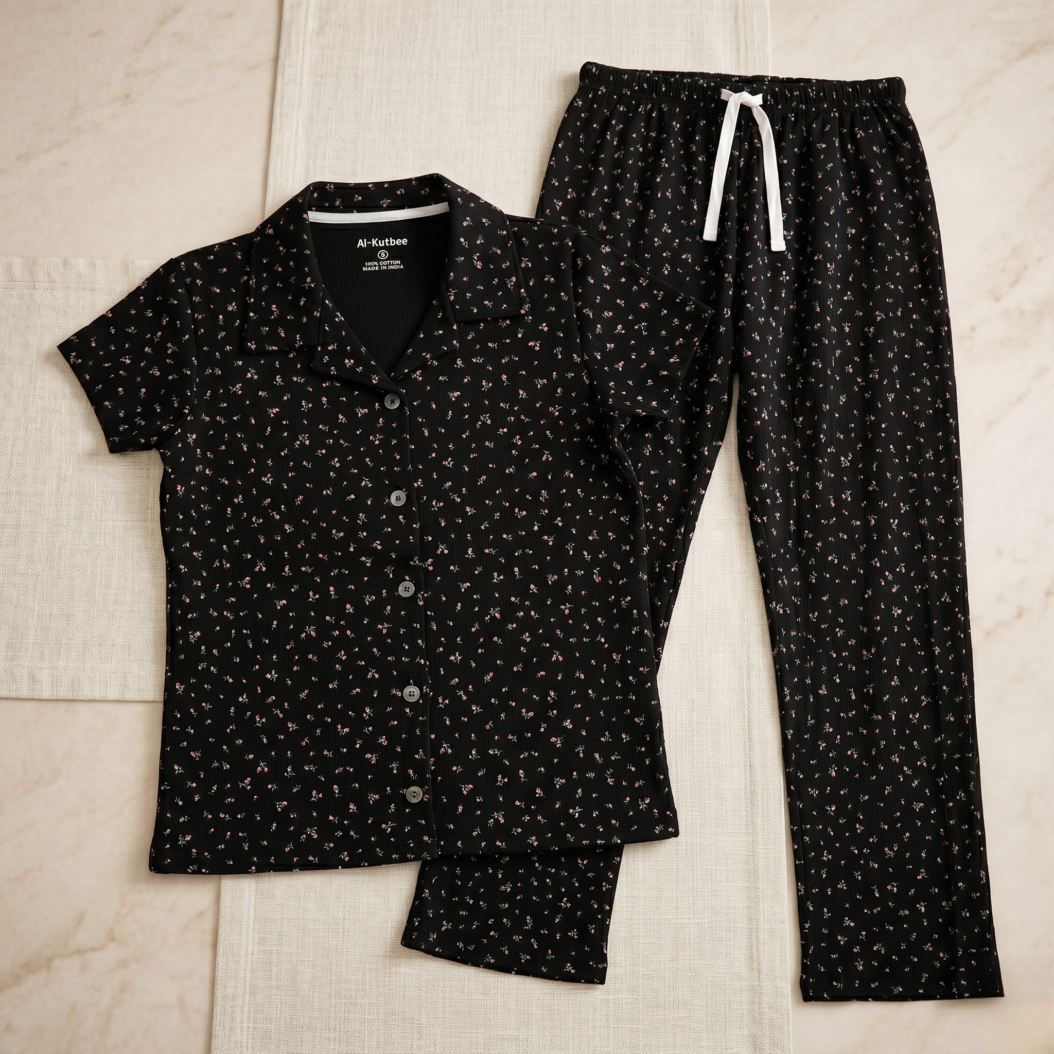 Pink Flowers Black Womens Pajamas