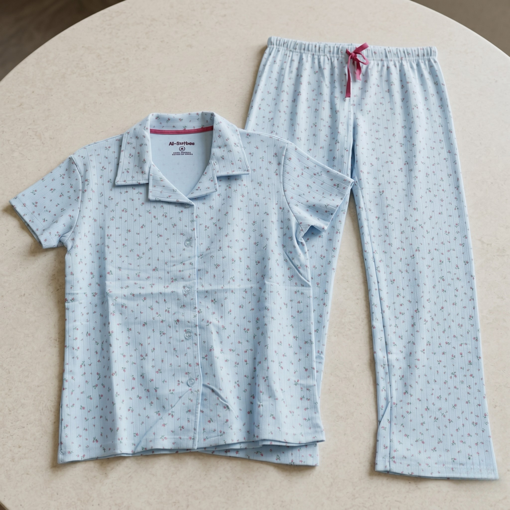 Pink Flowers Blue Womens Pajamas