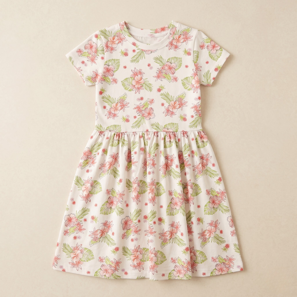 Girls Frock Pink Green Flower