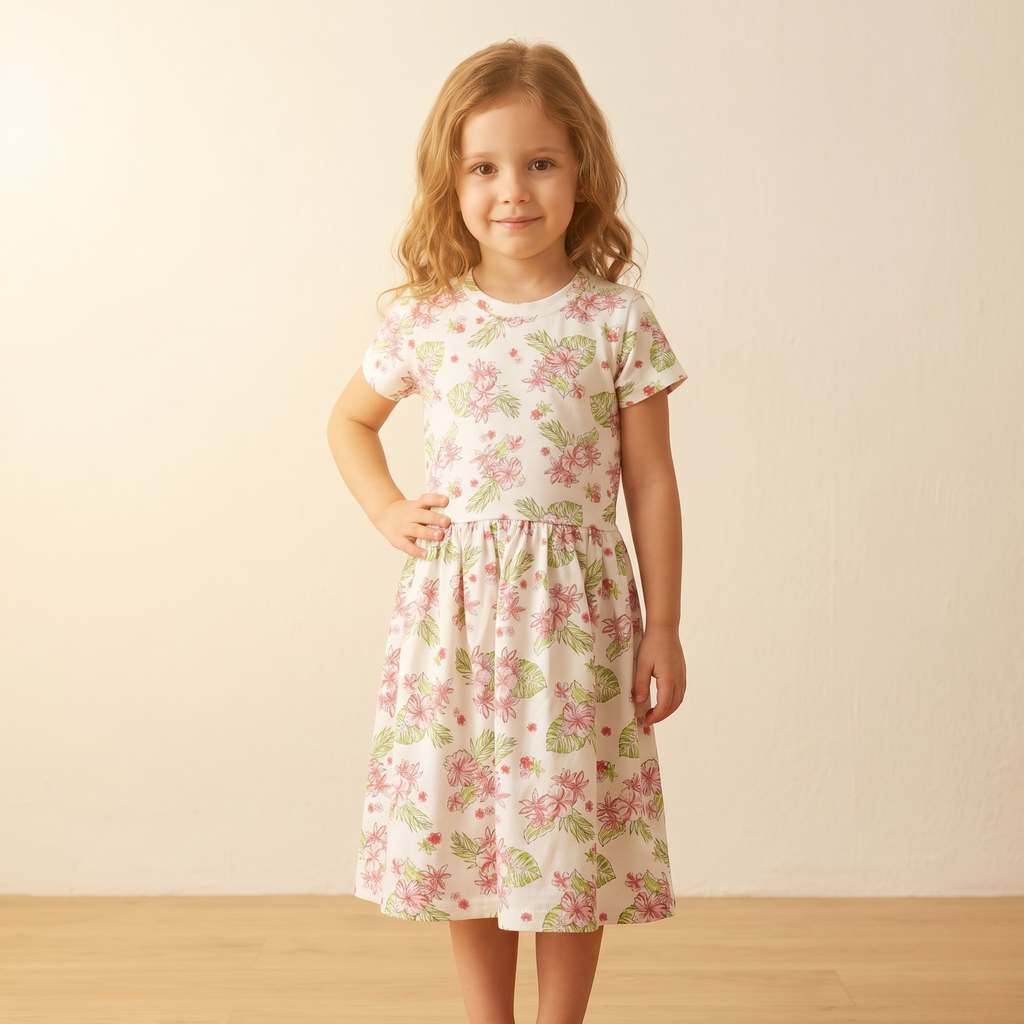 Girls Frock Pink Green Flower