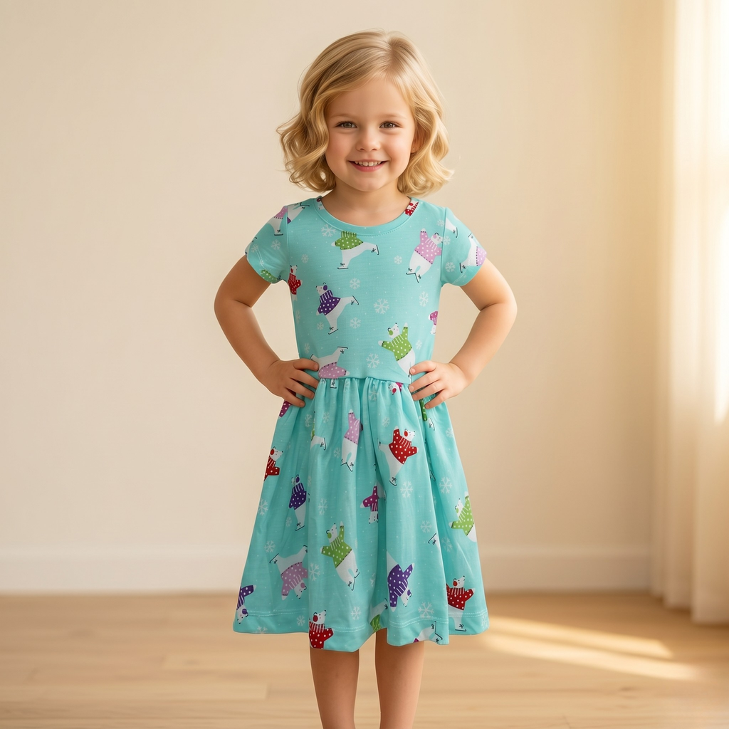 Girls Frock Polar Bear Green