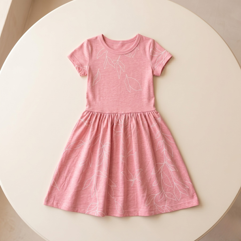 Girls Frock Leaves Lines Pink
