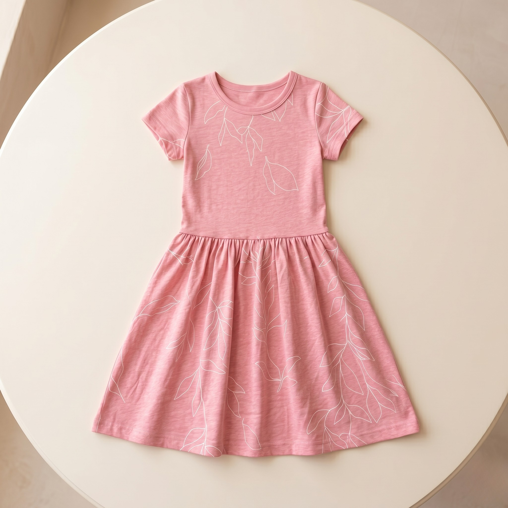 Girls Frock Leaves Lines Pink