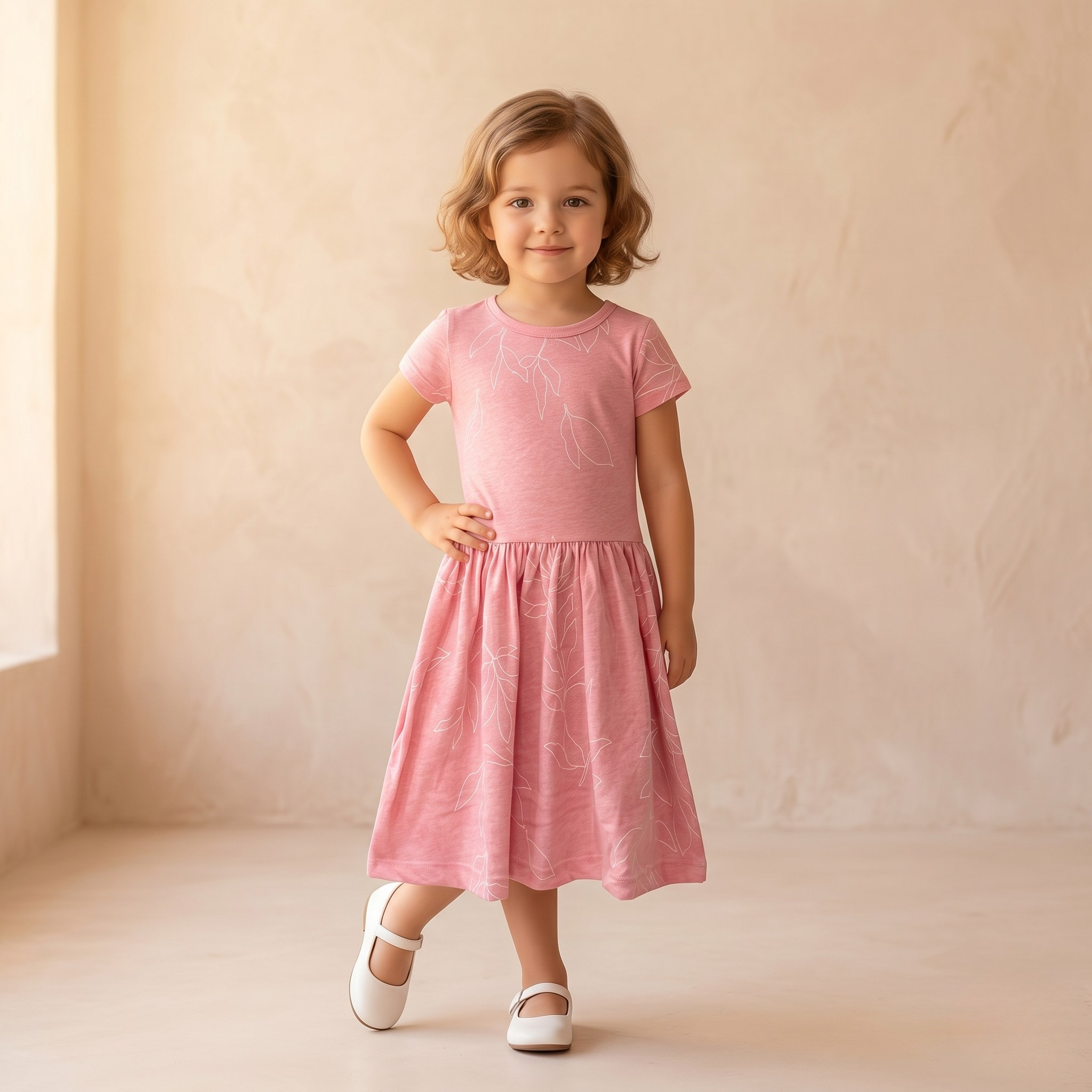 Girls Frock Leaves Lines Pink