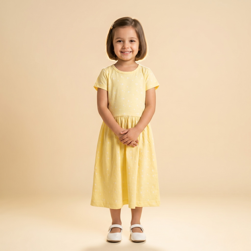 Girls Frock White Flowers Yellow