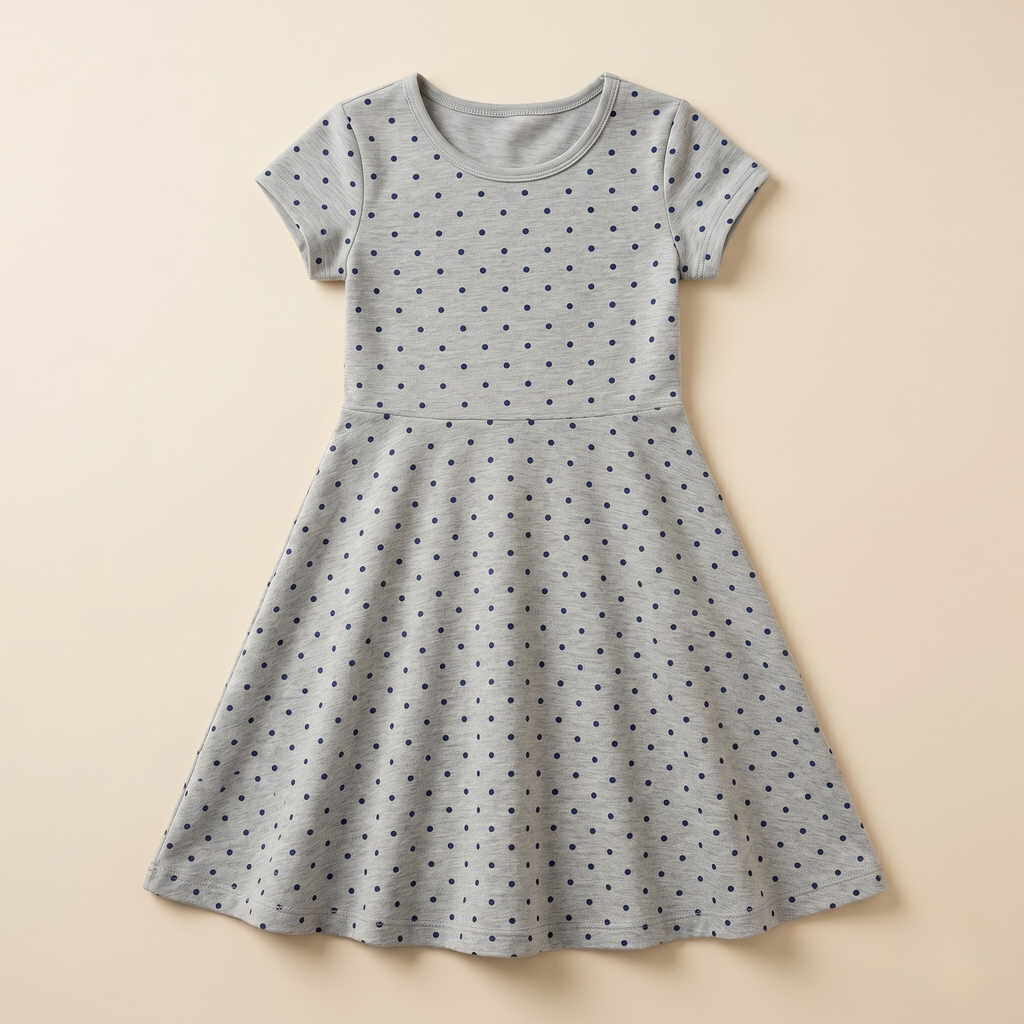 Girls Frock Blue Dots Grey