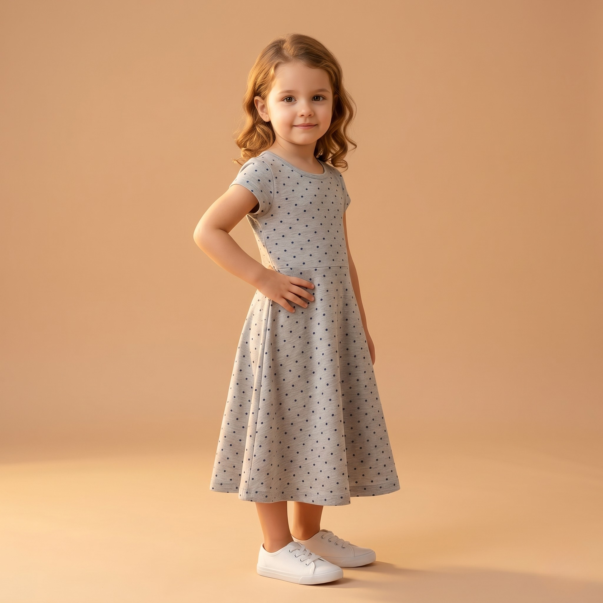 Girls Frock Blue Dots Grey