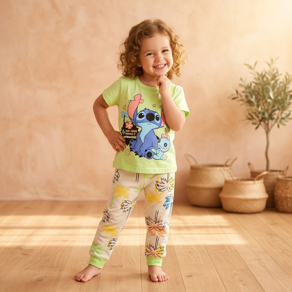 بيجاما أطفال بغطاء رأس Stitch Green