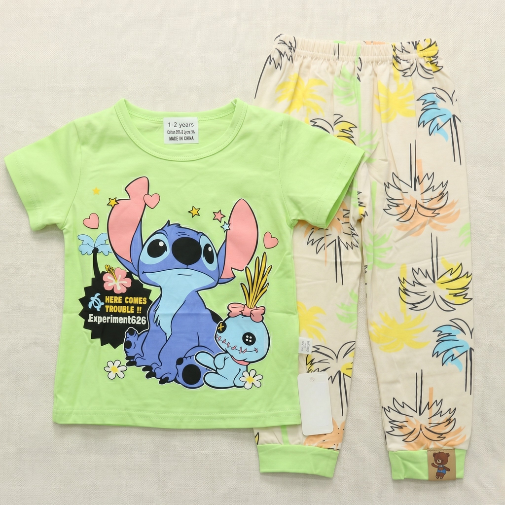 بيجاما أطفال بغطاء رأس Stitch Green