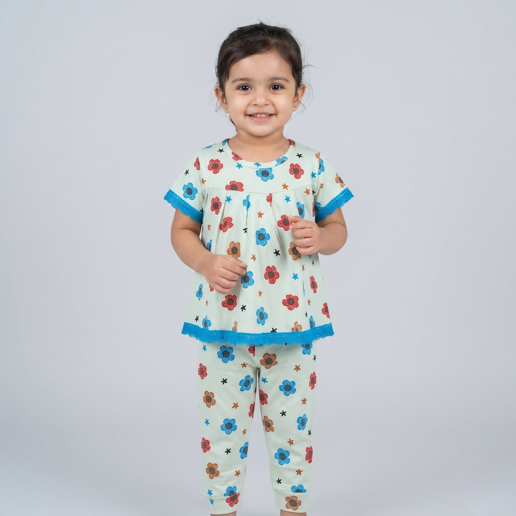 Flower Print Cream Girls H/S Pajamas