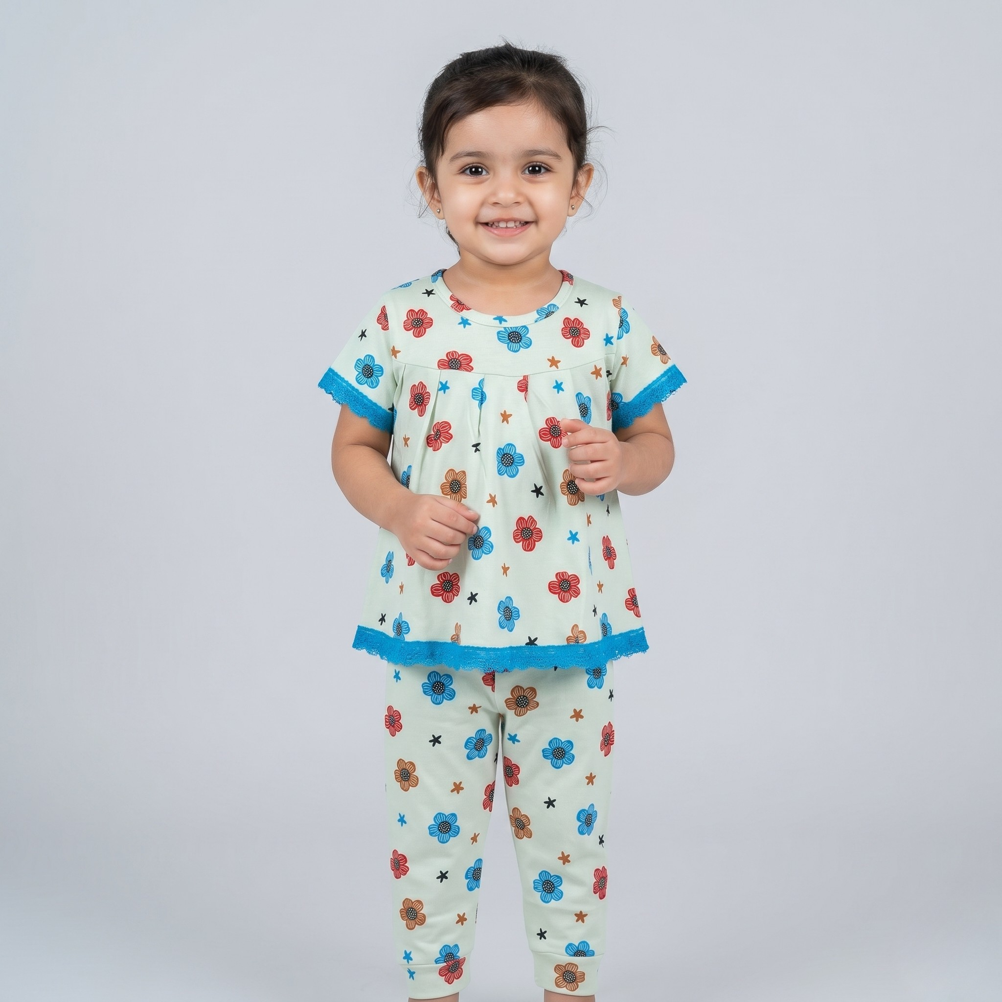 Flower Print Cream Girls H/S Pajamas
