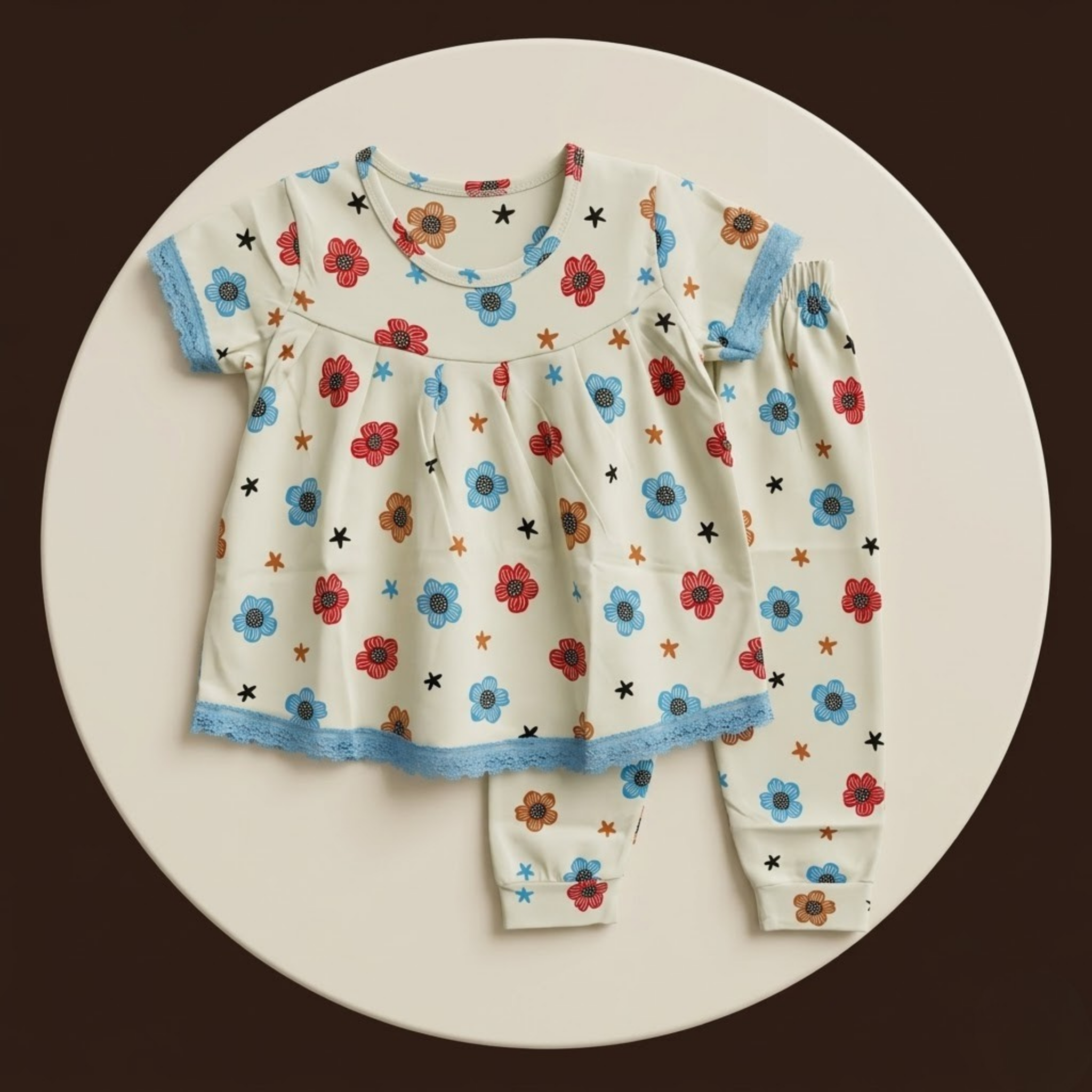 Flower Print Cream Girls H/S Pajamas