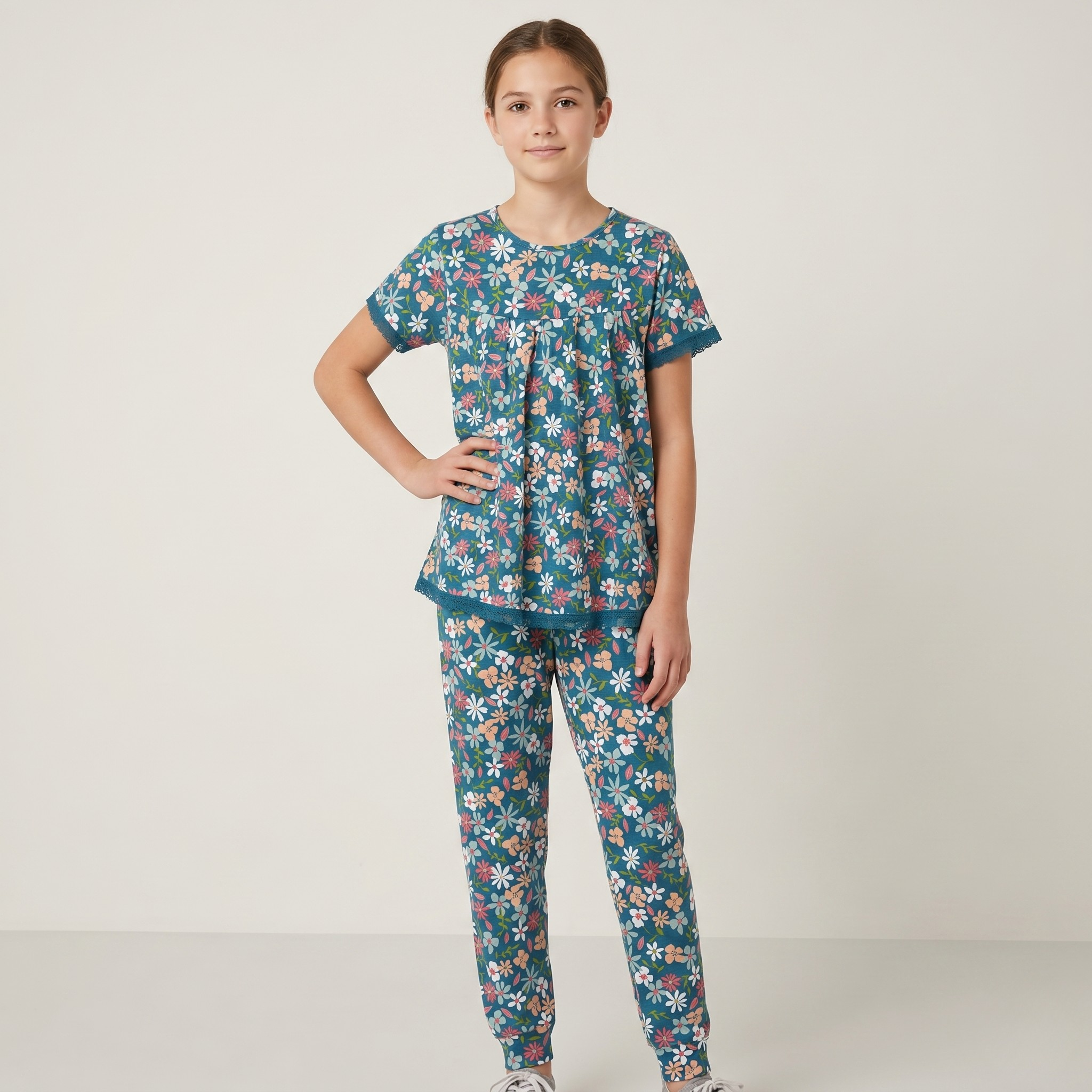 Blue Botanical Flowers Girls H/S Pajamas