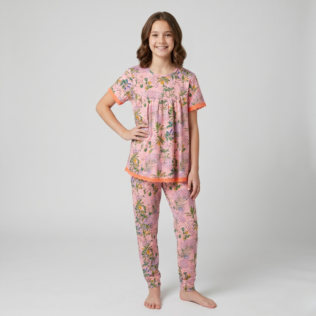 Pink Tropical Plants Girls H/S Pajamas