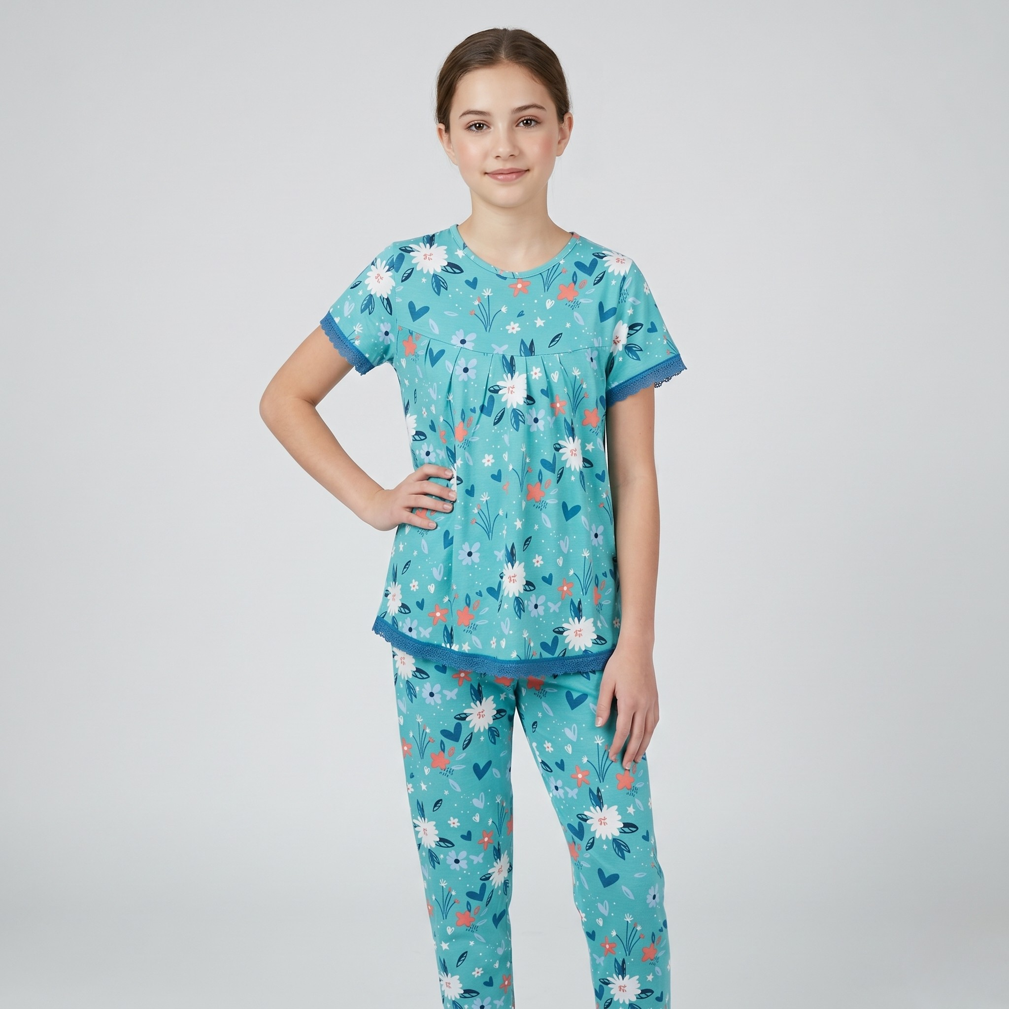 Delicate Blue Floral Girls H/S Pajamas