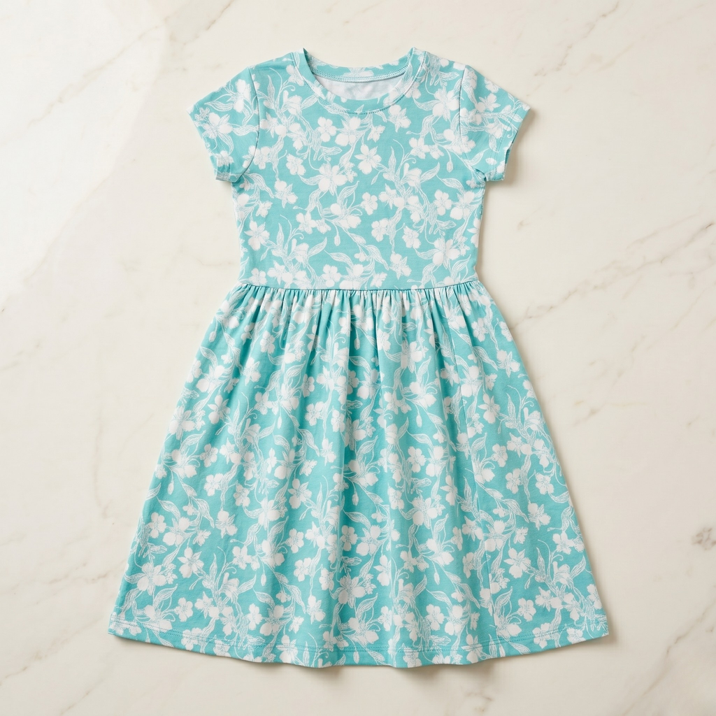 Girls Frock Blue Sea Flowers