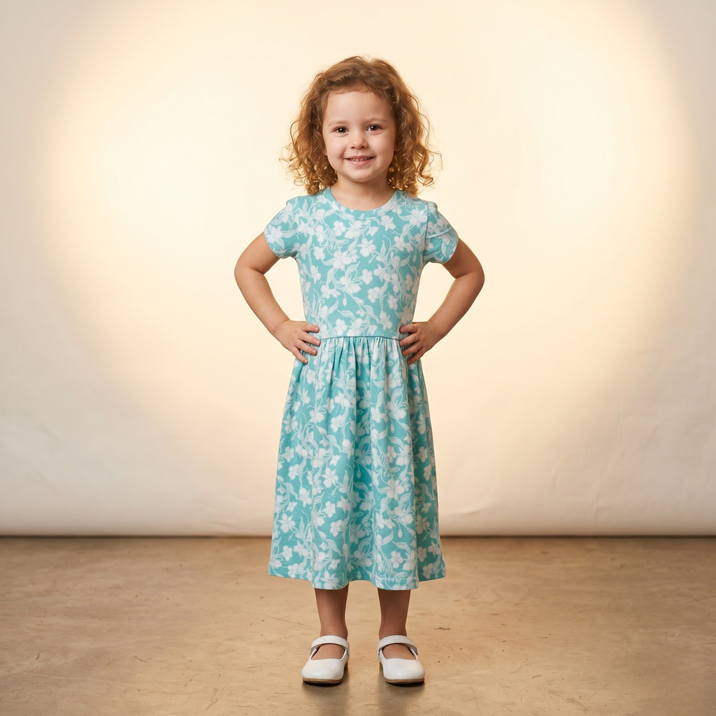 Girls Frock Blue Sea Flowers