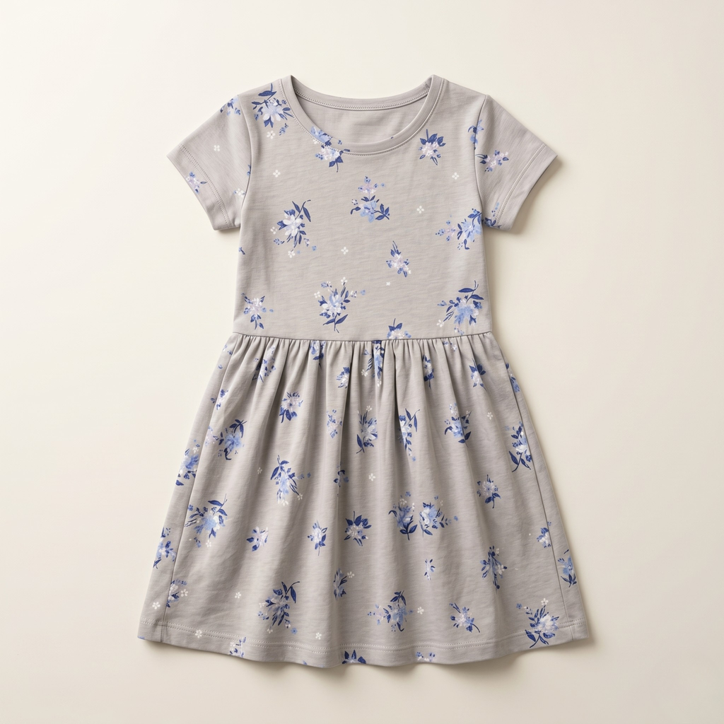 Girls Frock Blue Flowers Gray