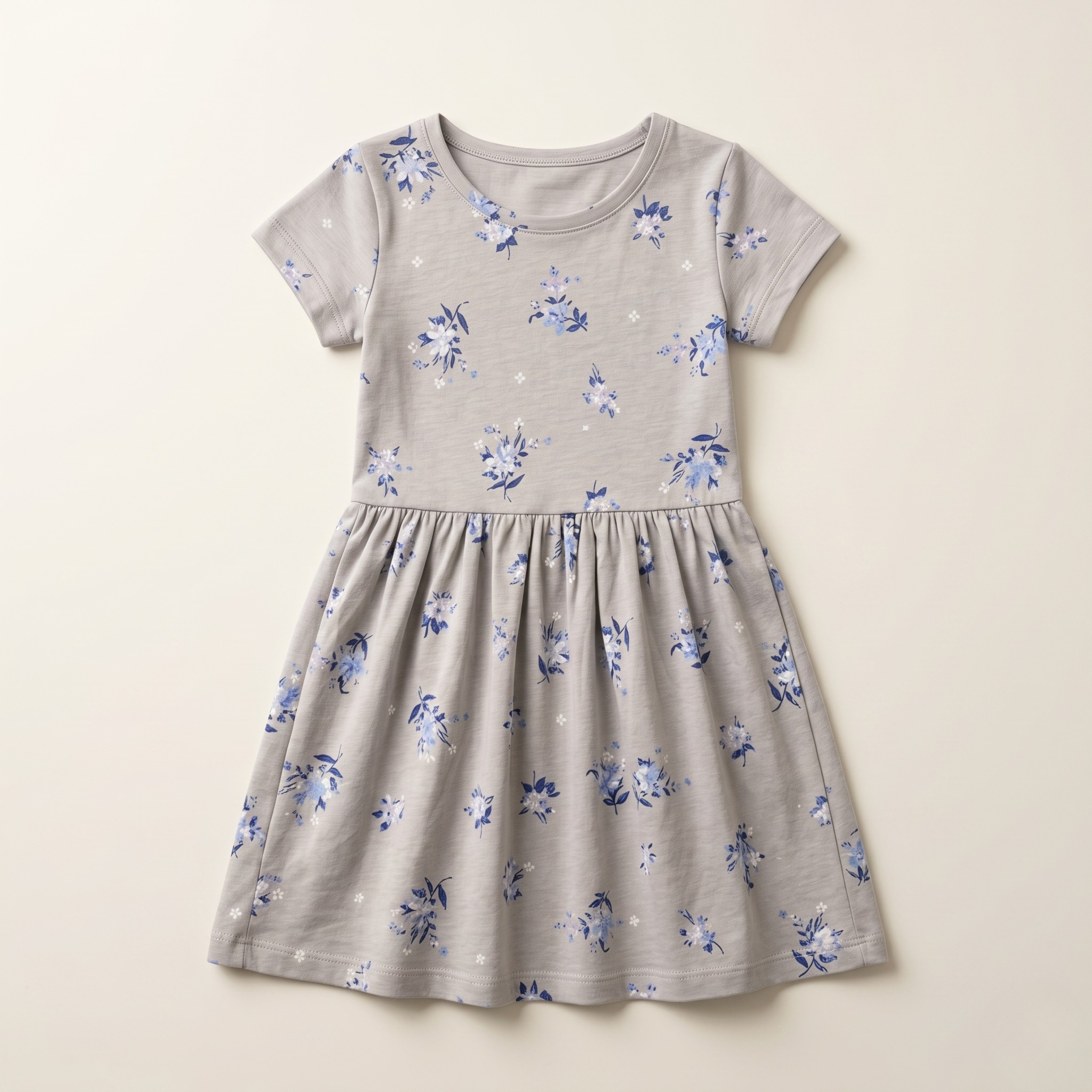 Girls Frock Blue Flowers Gray