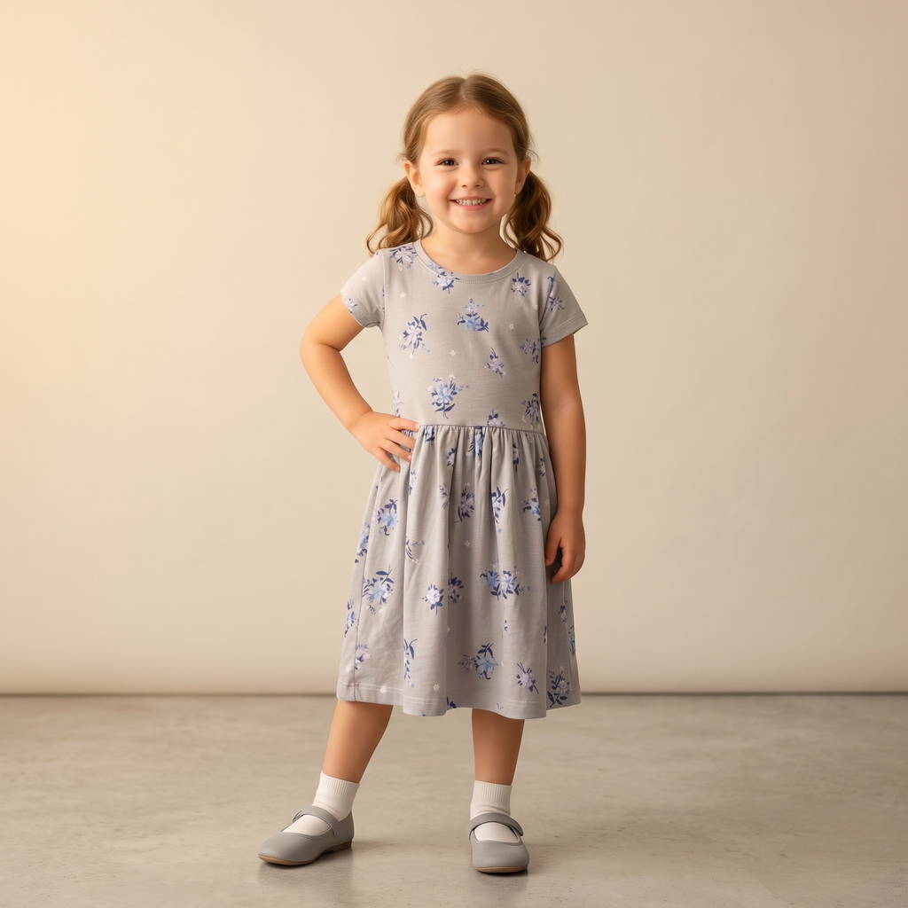 Girls Frock Blue Flowers Gray