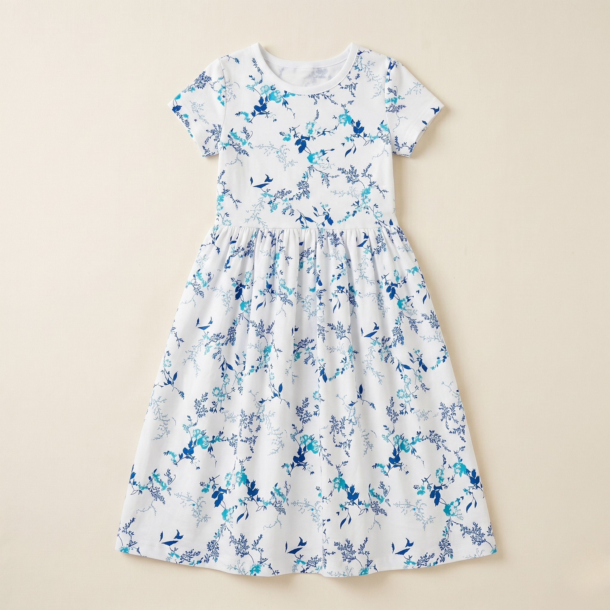 Girls Frock Blue Plants White