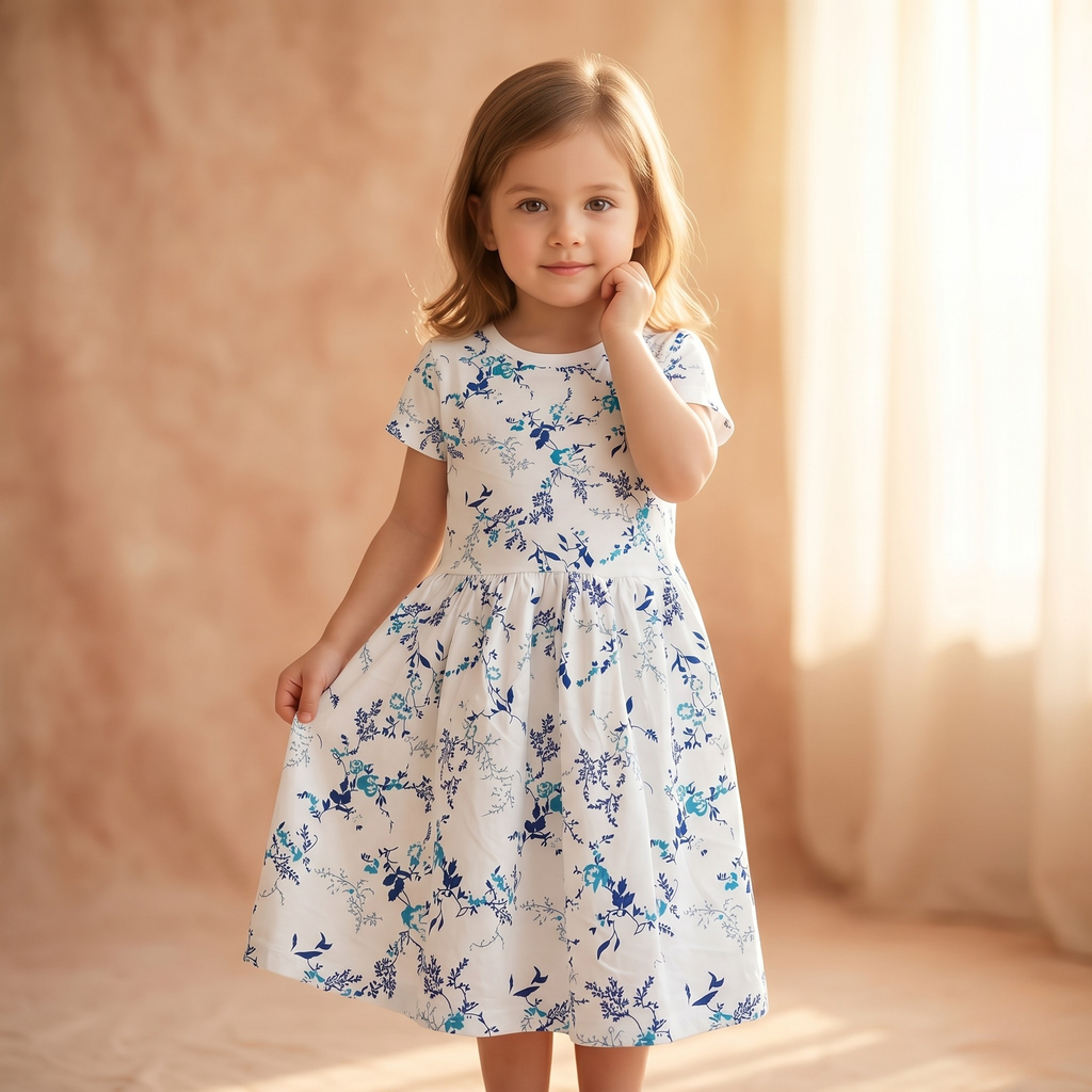 Girls Frock Blue Plants White