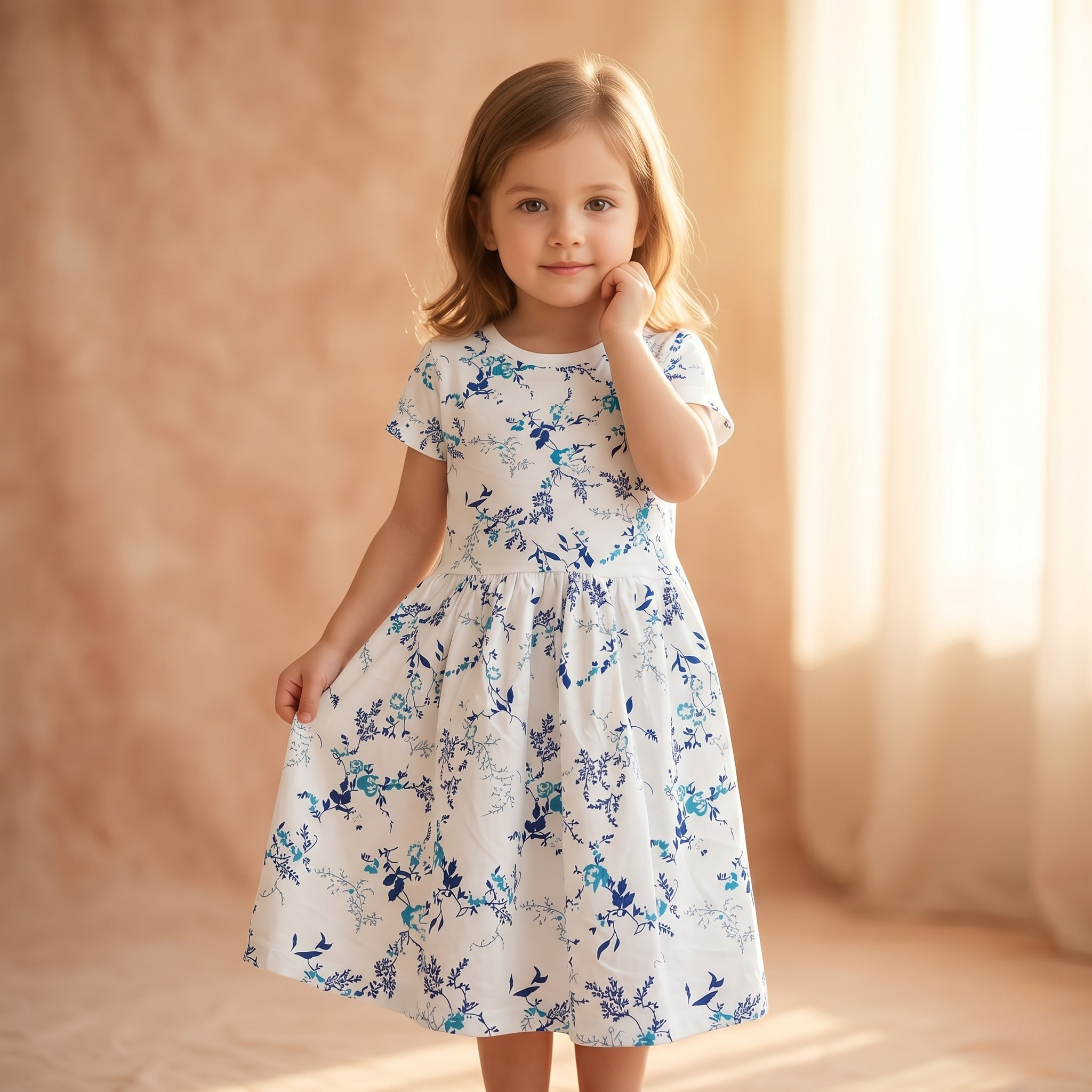 Girls Frock Blue Plants White