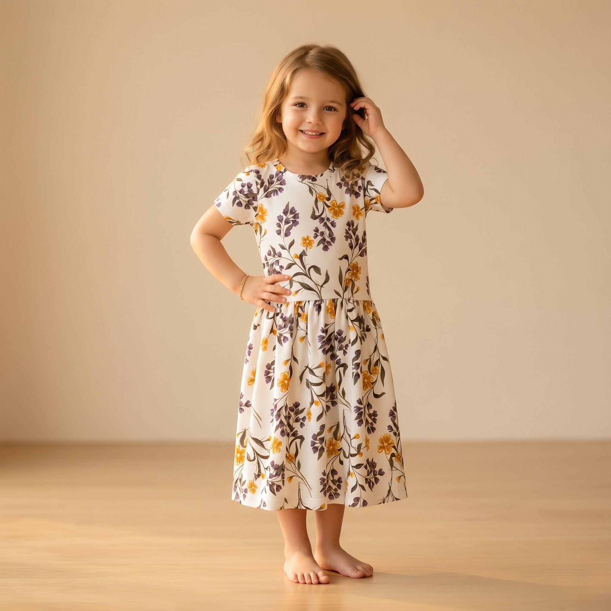 Girls Frock Floral White Yellow
