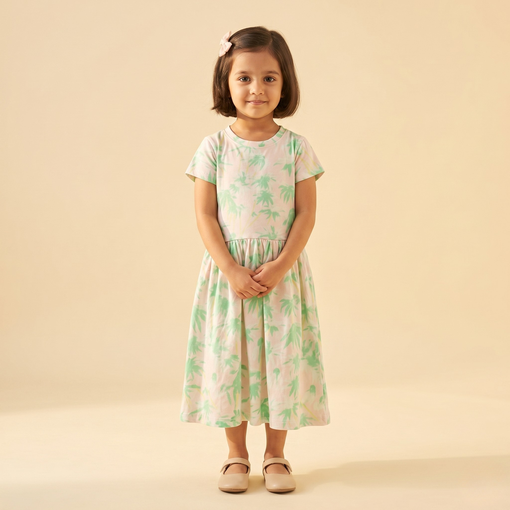 Girls Frock Floral Green Pink