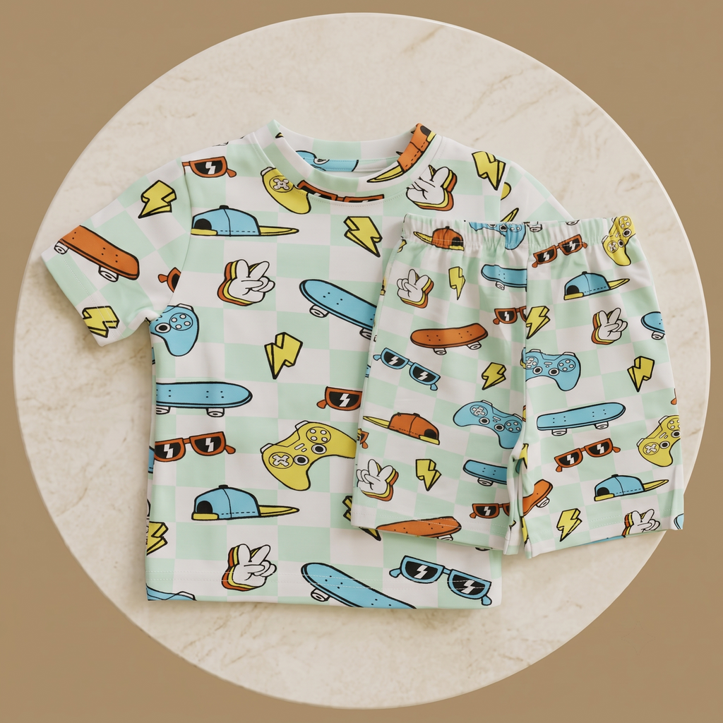 Kids Bermuda Set Gamer Checks Plain