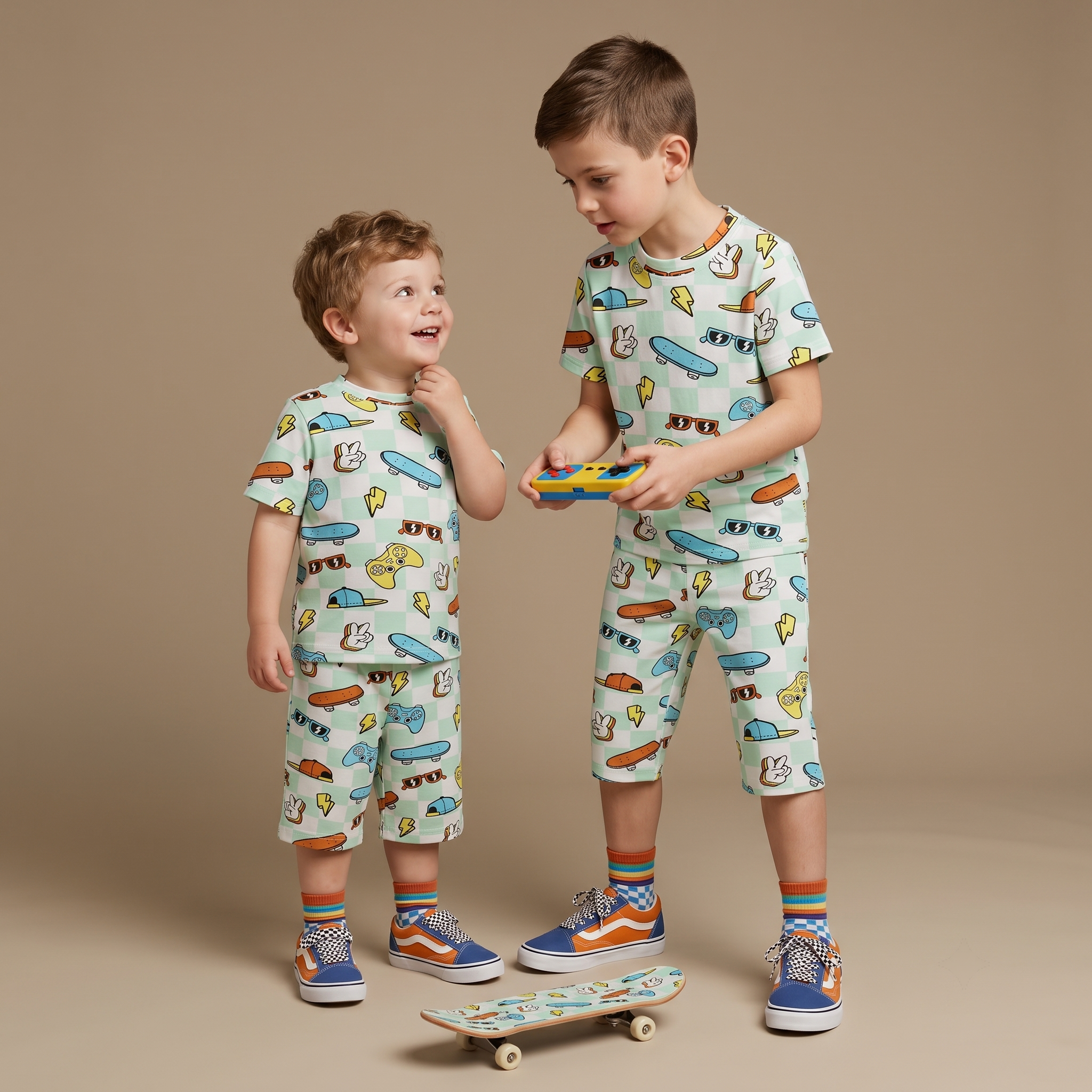 Kids Bermuda Set Gamer Checks Plain
