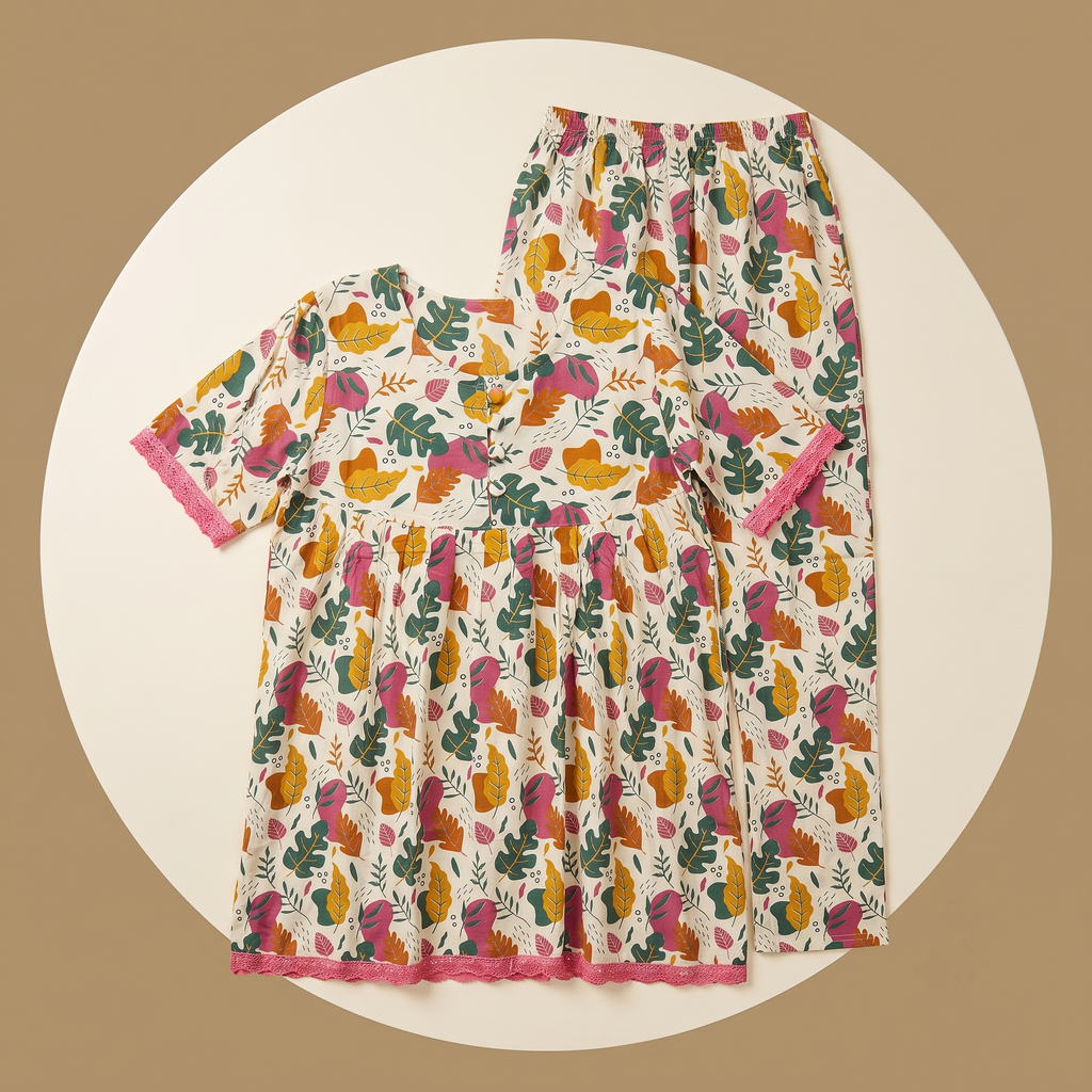Leaves White Womens Pajamas 2Pcs
