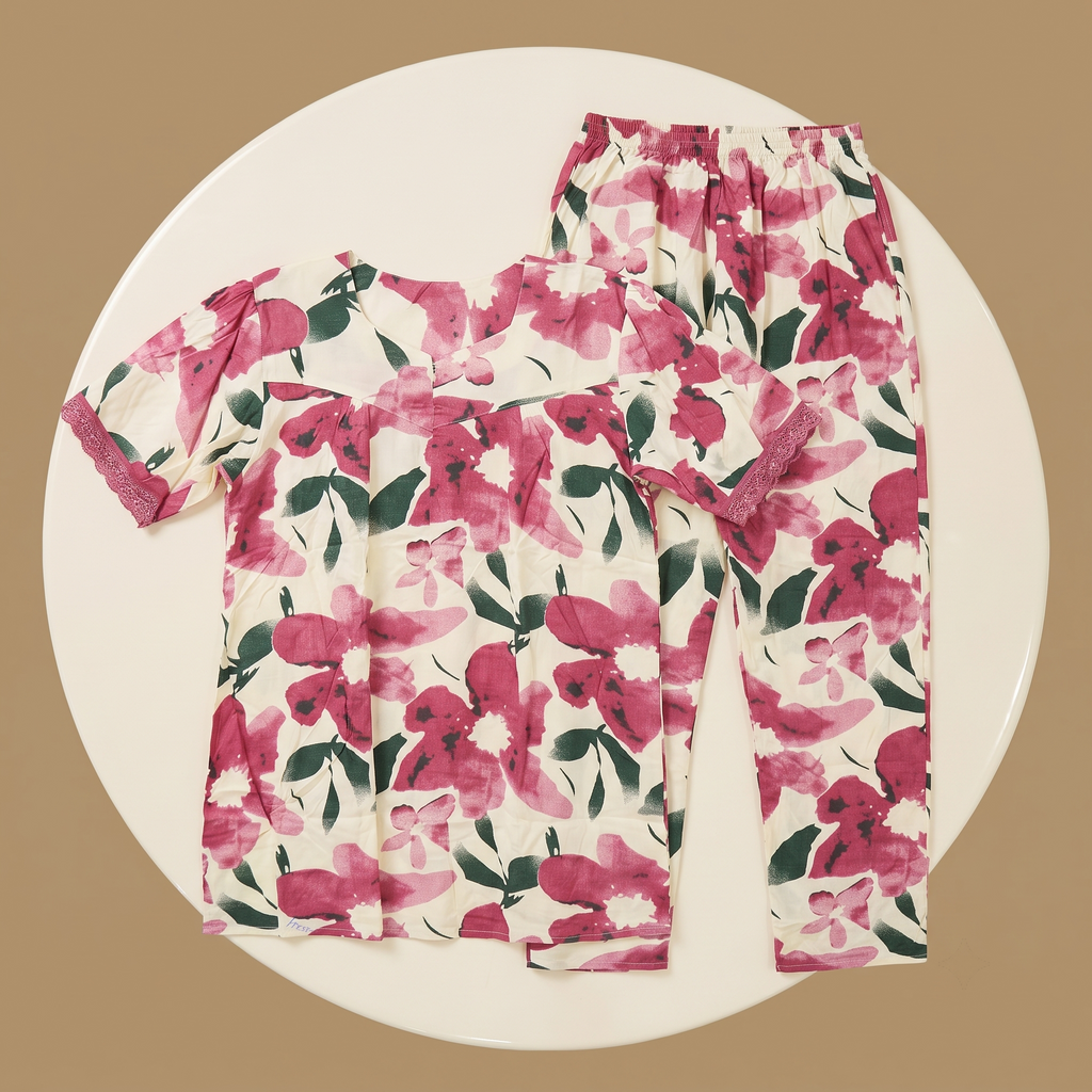 Flower Shade Pink Womens Pajamas 2Pcs