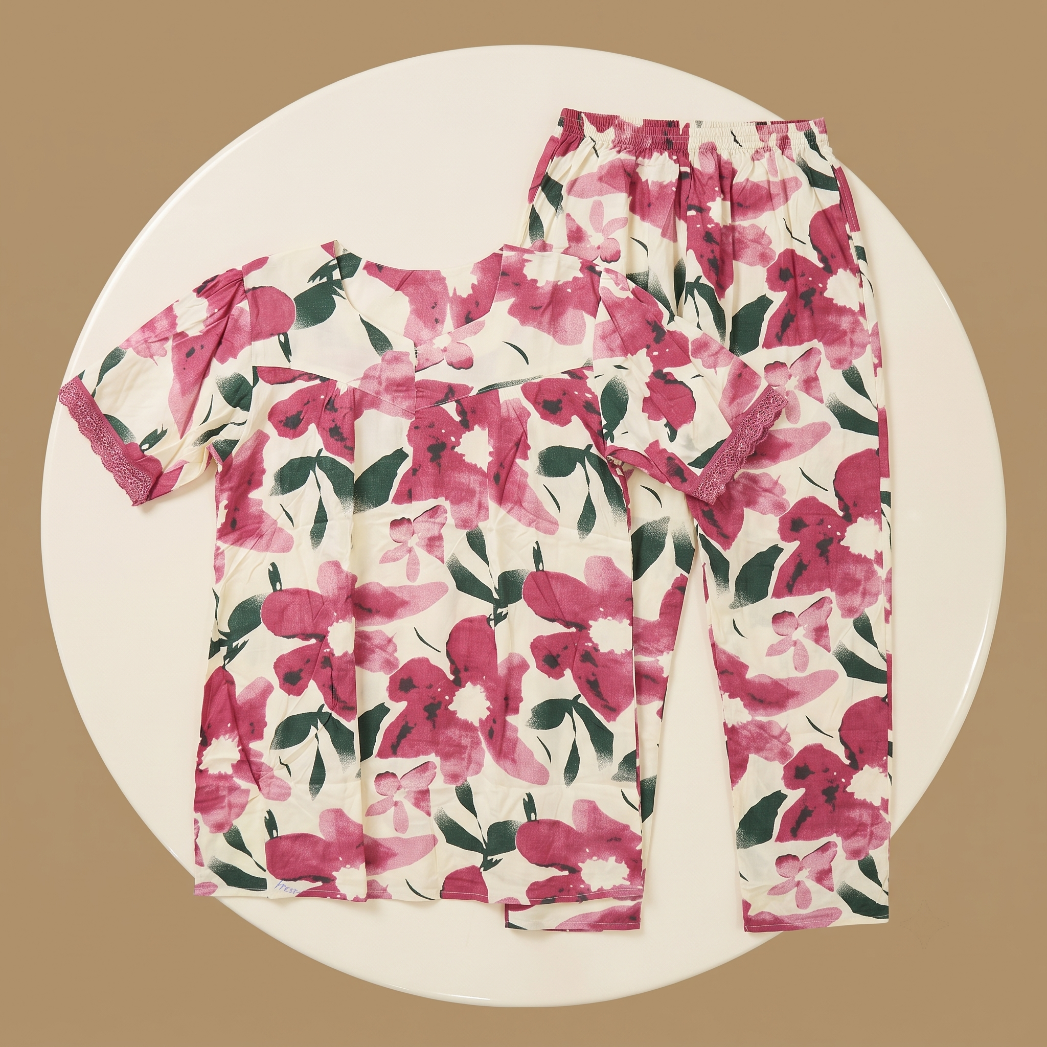 Flower Shade Pink Womens Pajamas 2Pcs