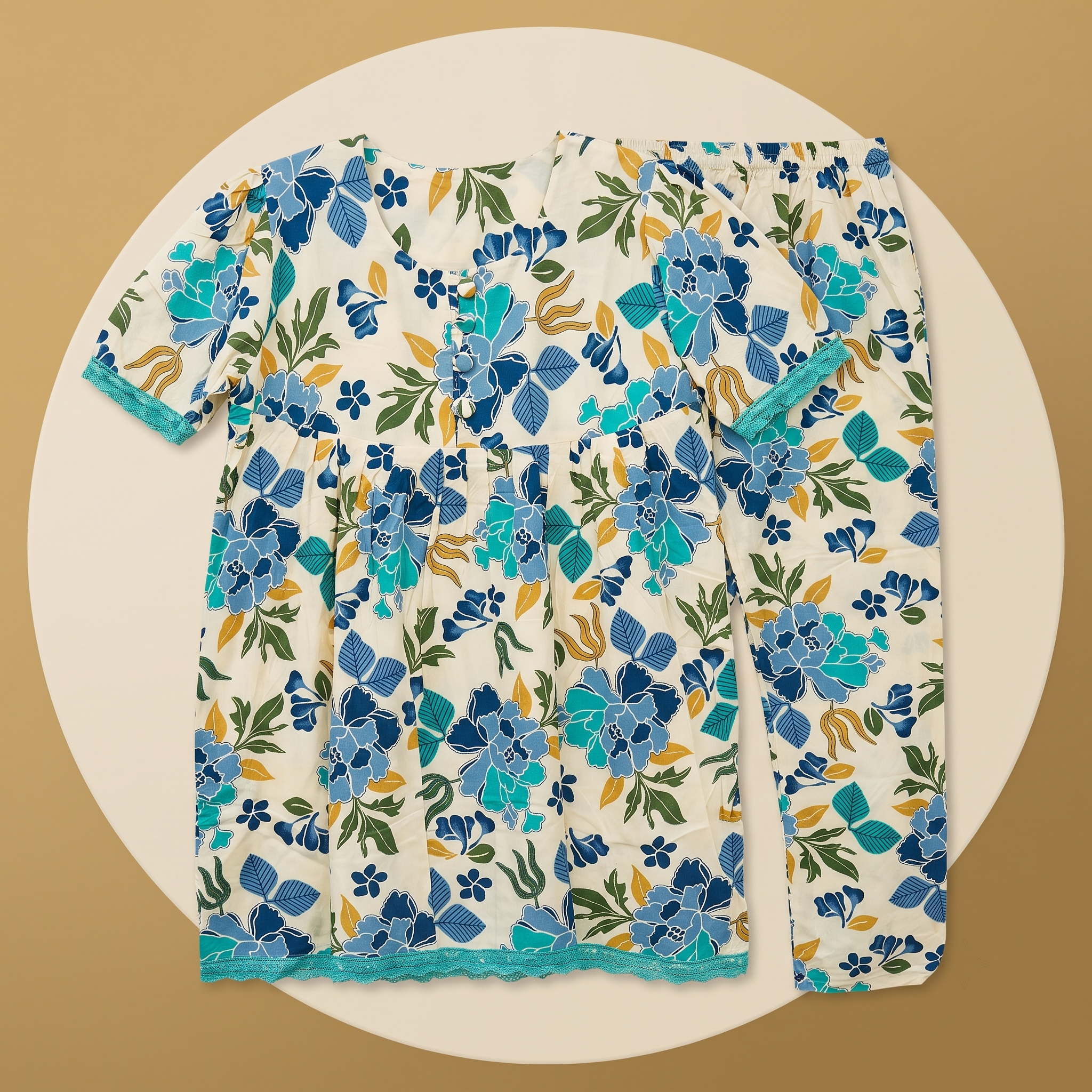 Flowers Blue Green Womens Pajamas 2Pcs