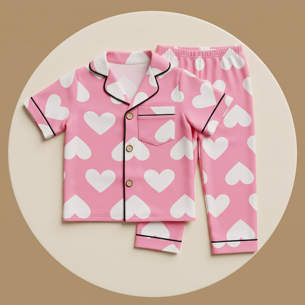 Hearts White Pink Kids H/S Pajamas