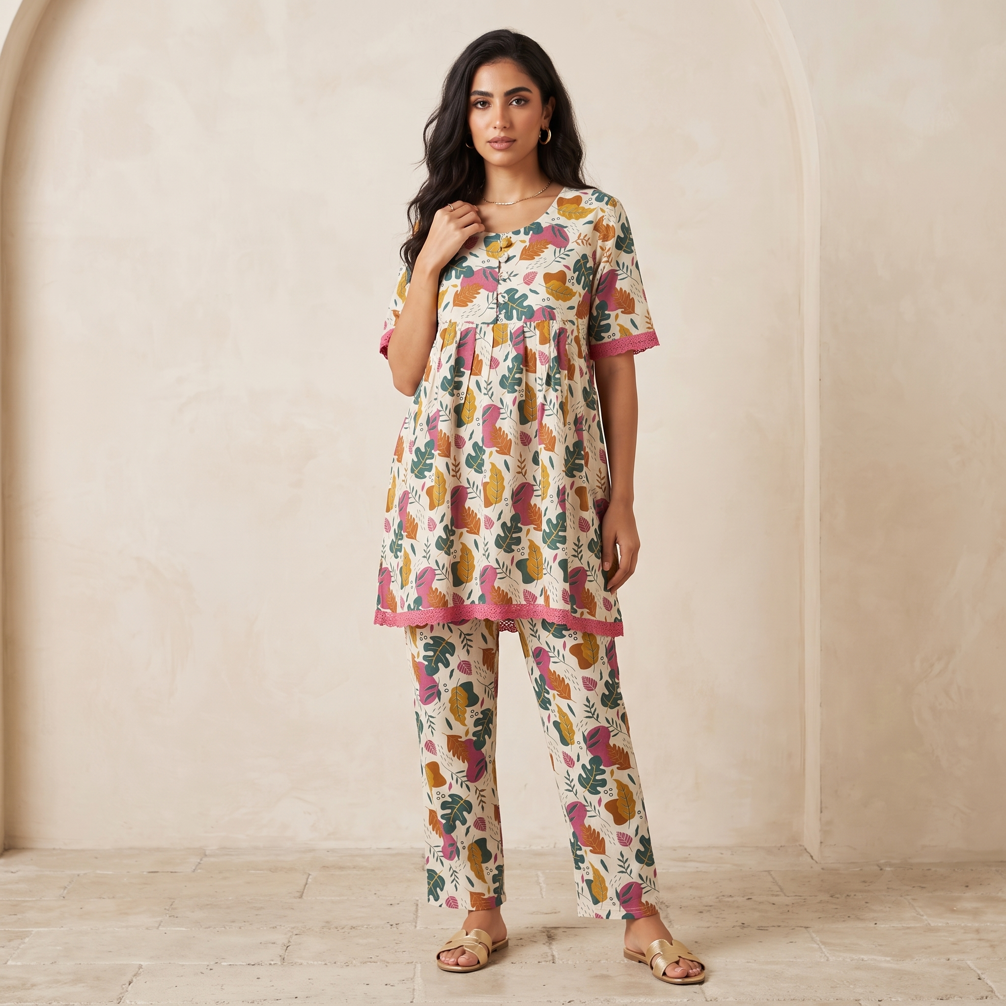 Leaves White Womens Pajamas 2Pcs