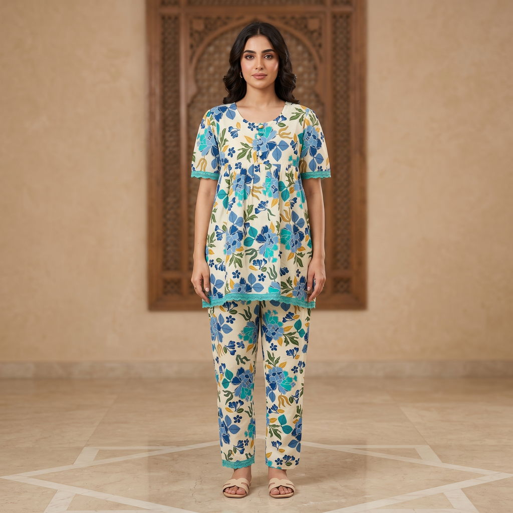 Flowers Blue Green Womens Pajamas 2Pcs