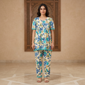 Flowers Blue Green Womens Pajamas 2Pcs