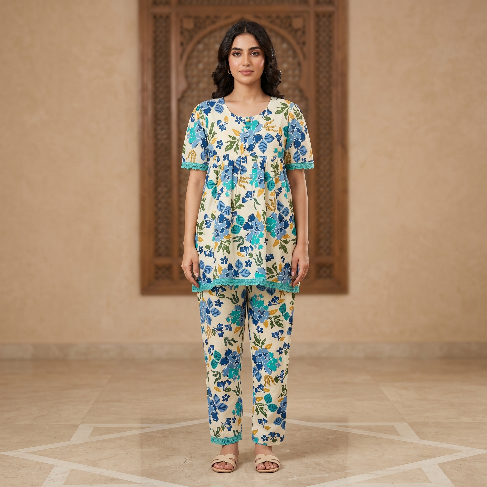 Flowers Blue Green Womens Pajamas 2Pcs