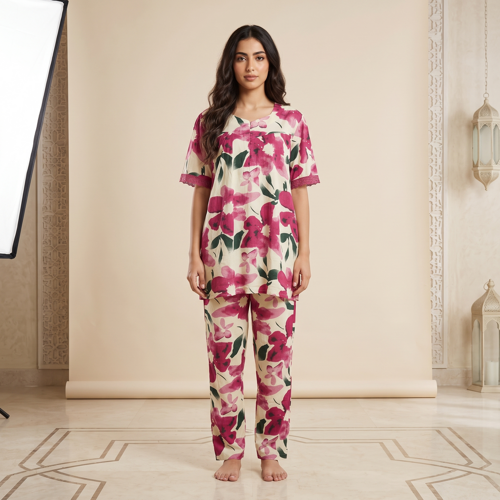 Flower Shade Pink Womens Pajamas 2Pcs
