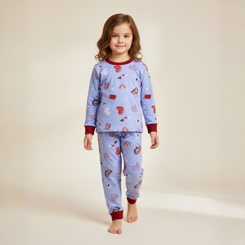 MISBAH - Red Heart Blue Long-Sleeves Pajamas (Girls)