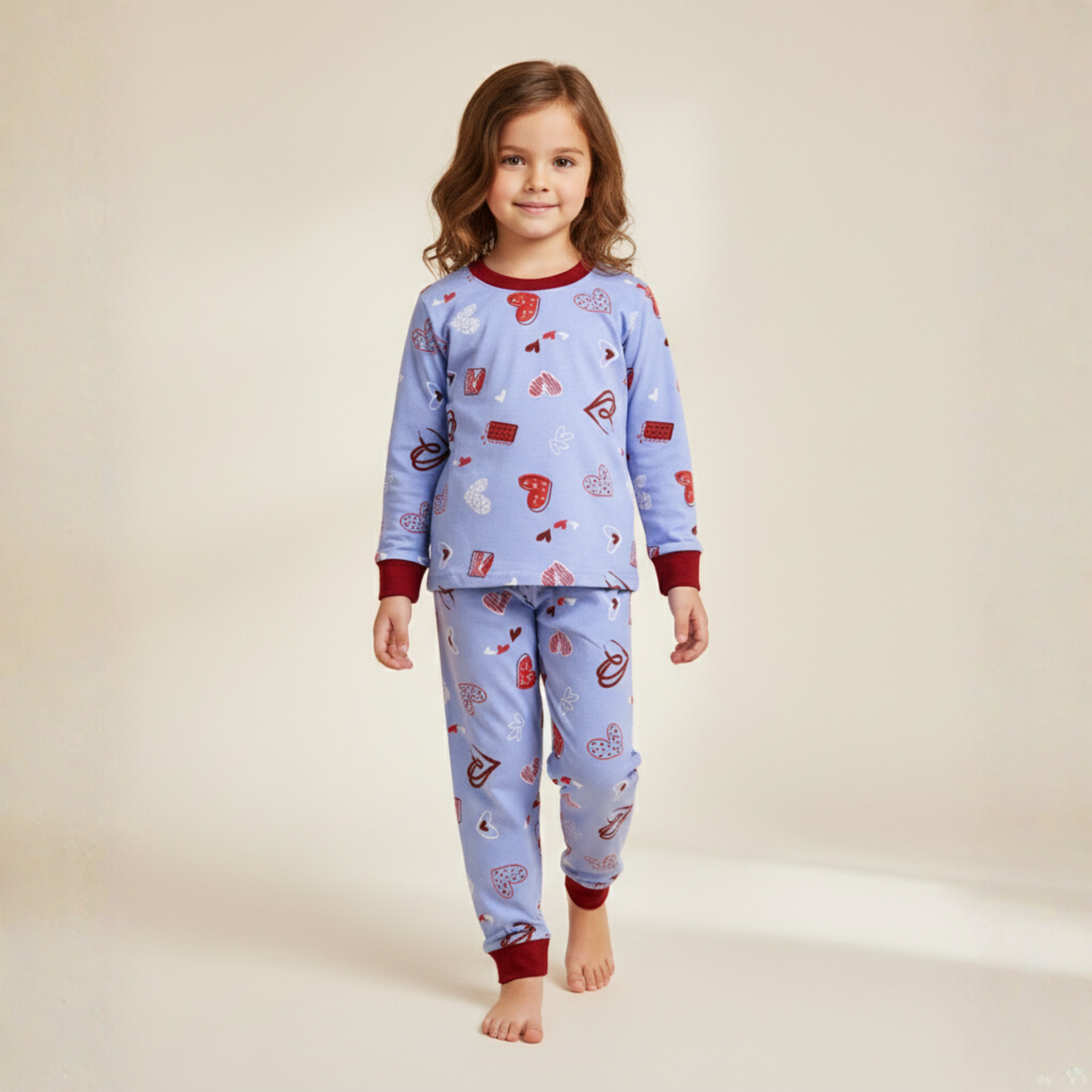 MISBAH - Red Heart Blue Long-Sleeves Pajamas (Girls)